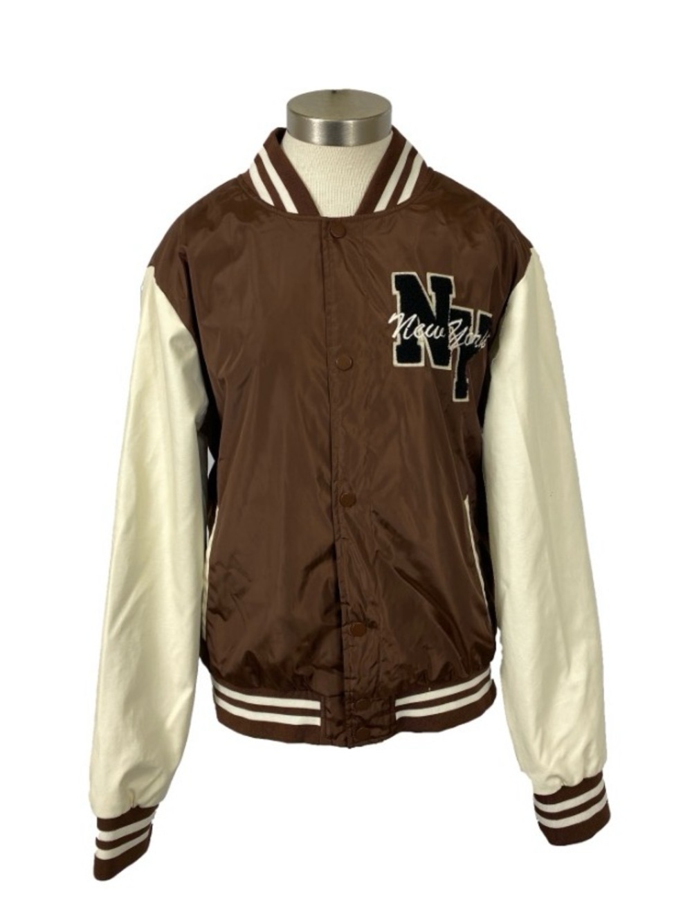 (NEW) American Eagle Outfitters Brown and Cream Varsity Jacket with NY Patch